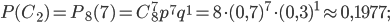 P(C_{2})=P_{8}(7)=C_{8}^{7}p^{7}q^{1}=8\cdot (0,7)^{7} \cdot (0,3)^{1}\approx 0,1977;