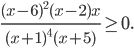 \frac{(x-6)^{2}(x-2)x}{(x+1)^{4}(x+5)}\geq 0.