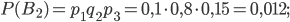 P(B_{2})=p_{1}q_{2}p_{3}=0,1\cdot 0,8\cdot 0,15=0,012;