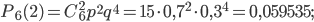 P_{6}(2)=C_{6}^{2}p^{2}q^{4}=15\cdot 0,7^{2}\cdot 0,3^{4}=0,059535;