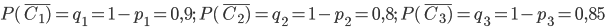 P(\bar{C_{1})}=q_{1}=1-p_{1}=0,9;\; P(\bar{C_{2})}=q_{2}=1-p_{2}=0,8;\; P(\bar{C_{3})}=q_{3}=1-p_{3}=0,85