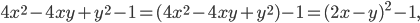 4x^{2}-4xy+y^{2}-1=(4x^{2}-4xy+y^{2})-1=(2x-y)^{2}-1,