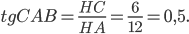 \displaystyle tg CAB=\frac{HC}{HA}=\frac{6}{12}=0,5.