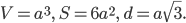 \displaystyle V=a^{3},\; S=6a^{2},\; d=a\sqrt{3}.
